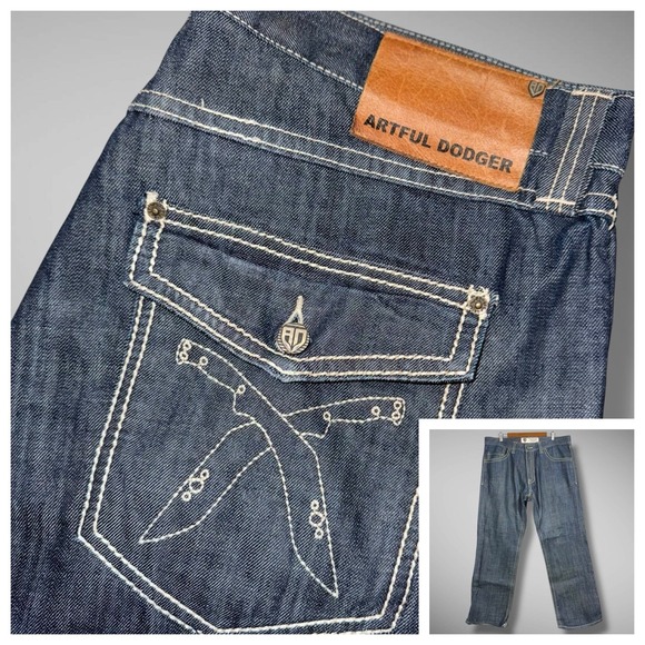 VTG‎ Artful Dodger Jeans Mens 40x34 Blue Dark Wash Baggy Y2K Embroidered Dagger - Picture 1 of 15